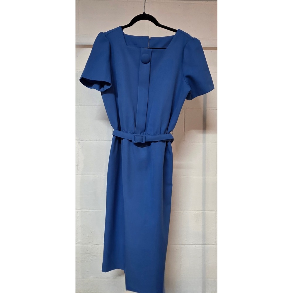 Vintage‎ Blue Square Neck Belted Midi Dress Short Puff Sleeve Sheath Mod Style